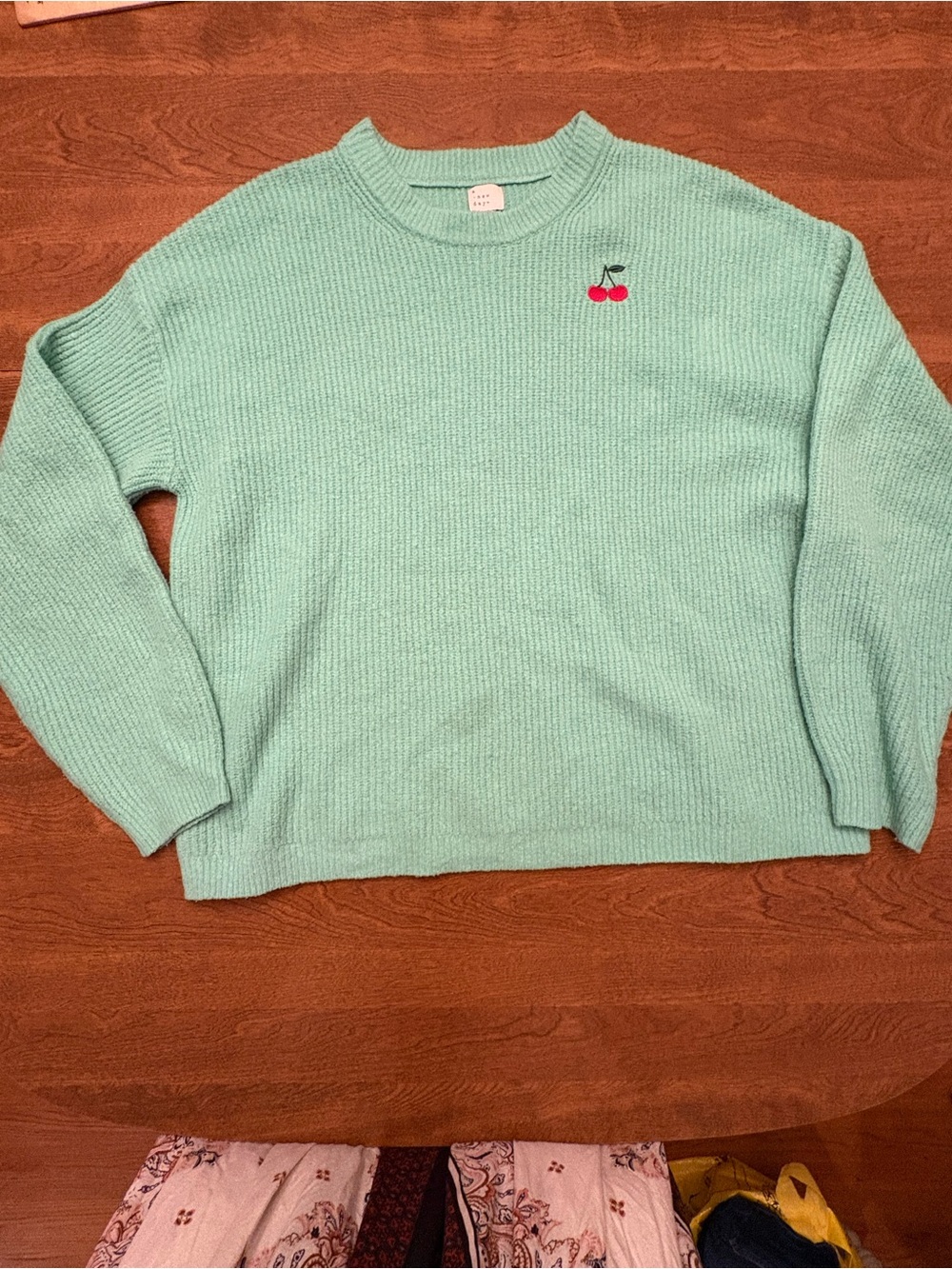 a new day Mint Crewneck Sweater with Cherry Embroidery